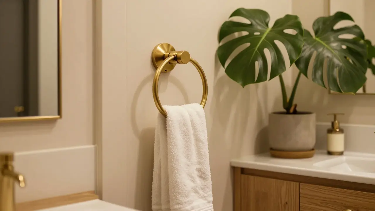 Luxusní koupelna s kartáčovanou mosazí, dřevěným nábytkem a zelenou rostlinou.