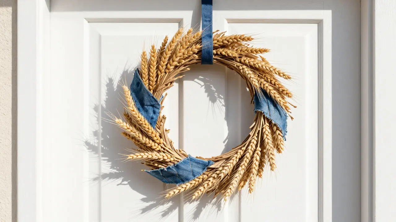 Minimalistický letní věnec z pšeničných klasů a recyklované džínoviny