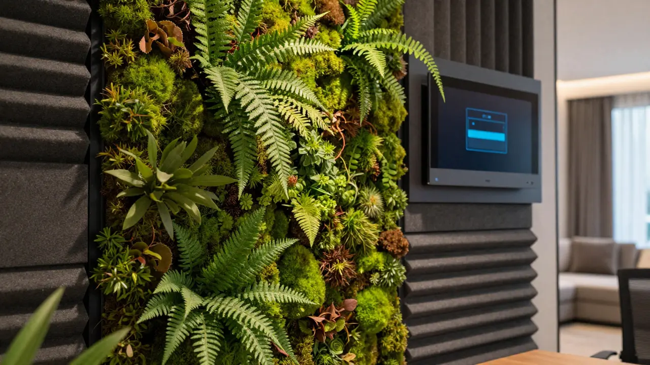 Mobilní akustická stěna v obývacím pokoji doplněná o vertikální zelenou zeď z mechu.