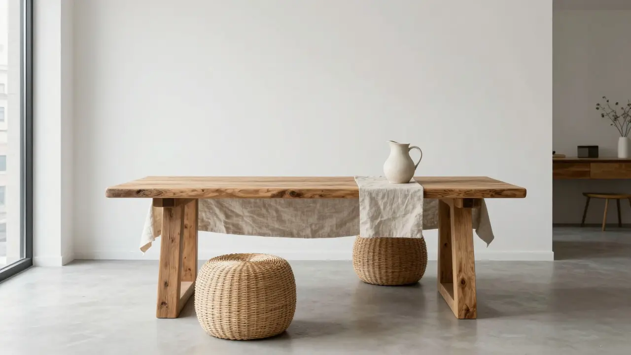 Moderní bílý byt s rustikálním dřevěným stolem a proutěnými stoličkami.