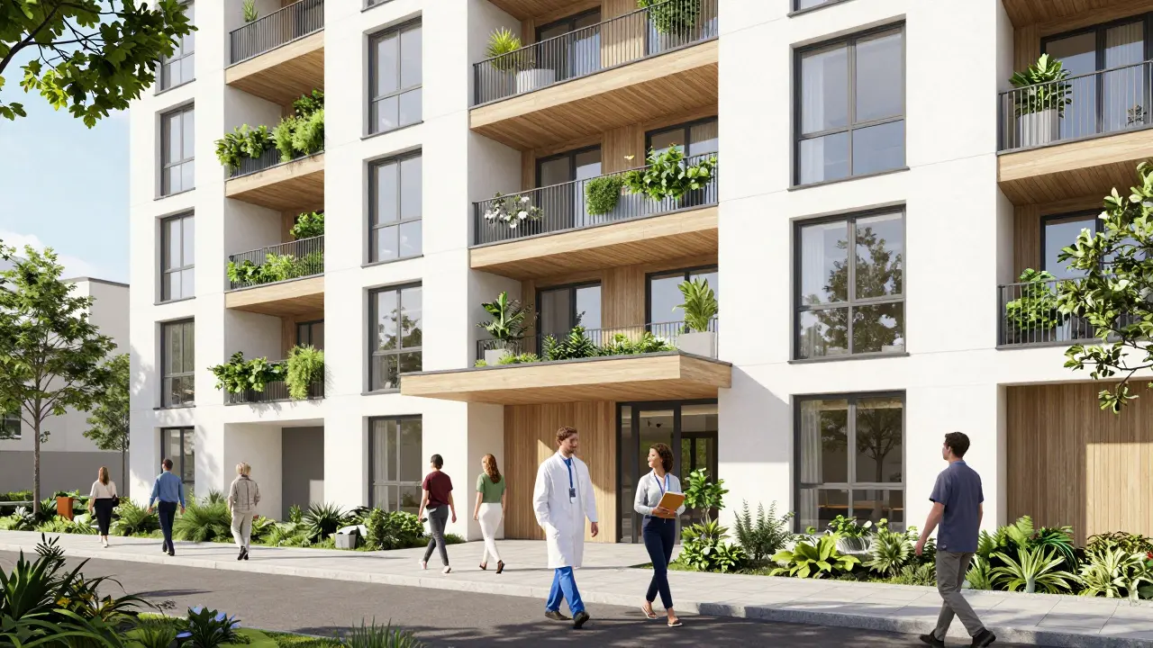 Moderní ekologická bytová budova s vertikálními zahradami a lidmi.