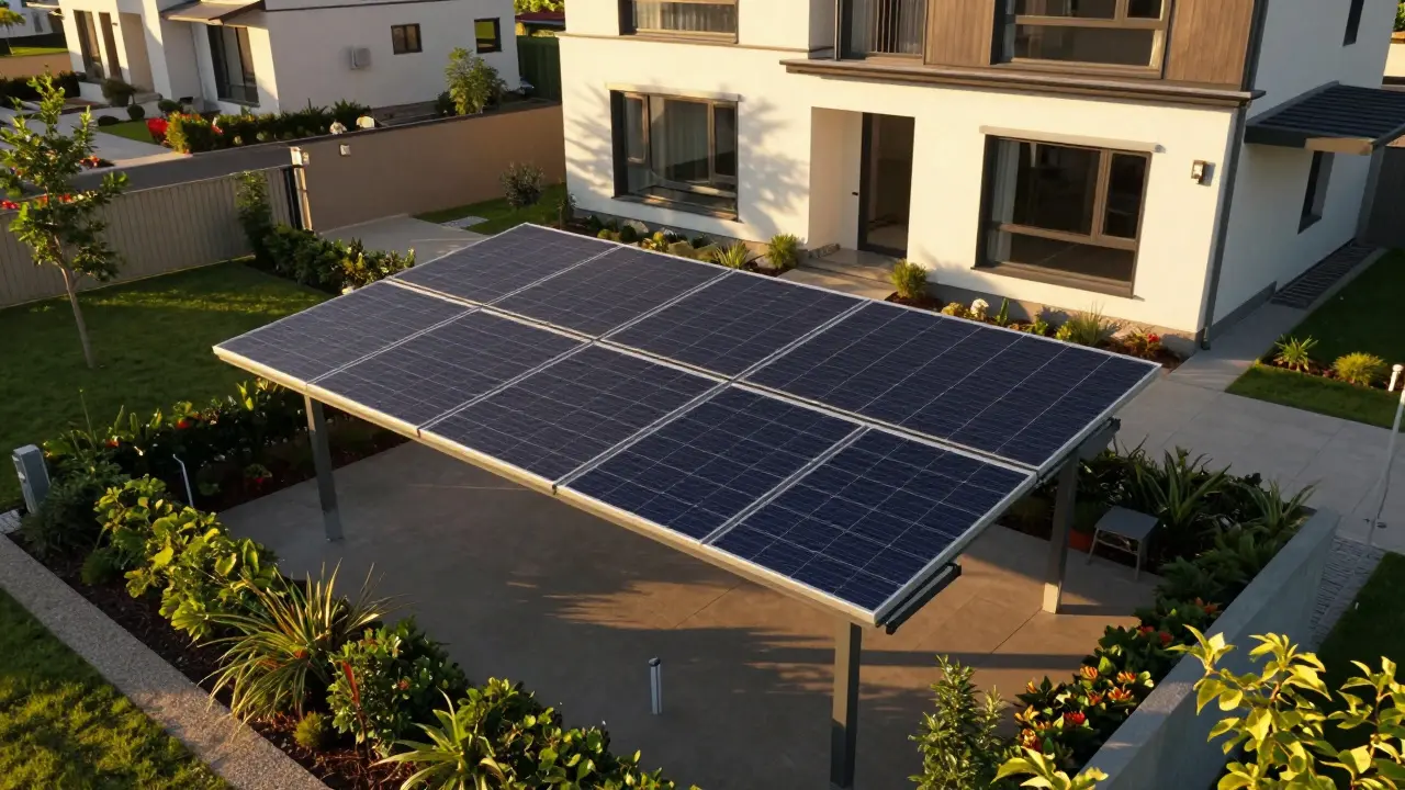 Moderní fotovoltaické panely nainstalované v zahradě rodinného domu.