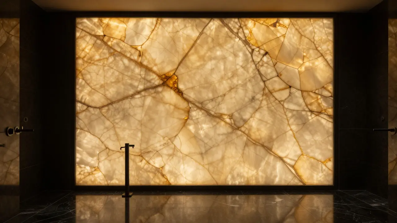 Moderní interiér s podsvíceným medovým onyxem a černým mramorem.