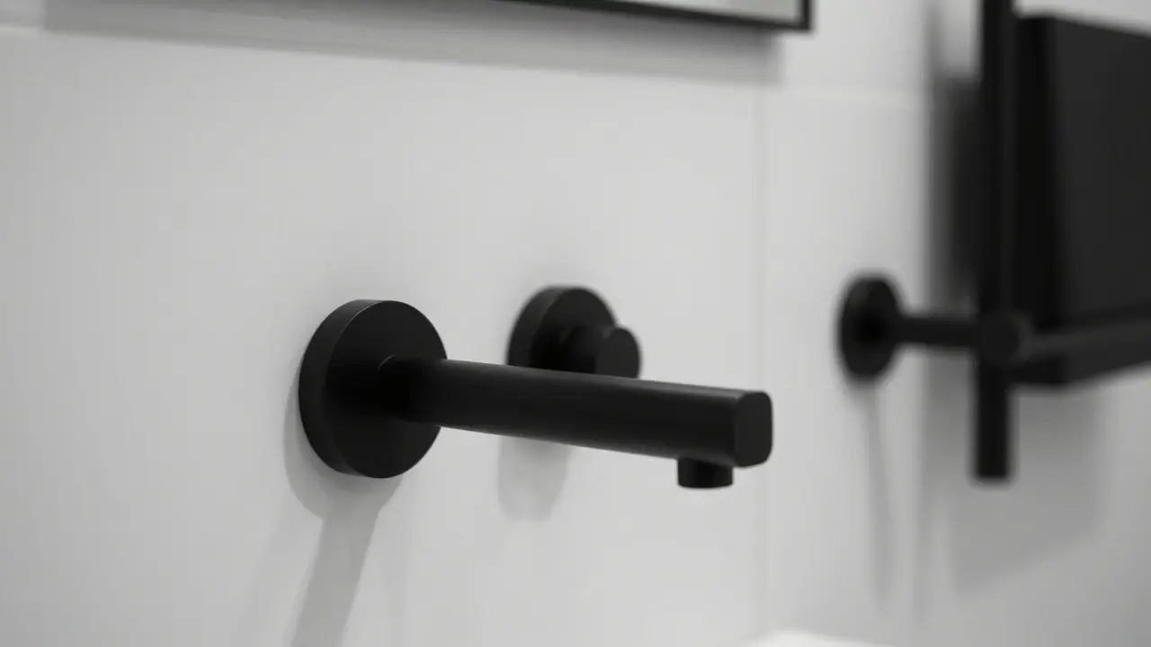 Moderní koupelna s kontrastními matně černými baterií a doplňky.