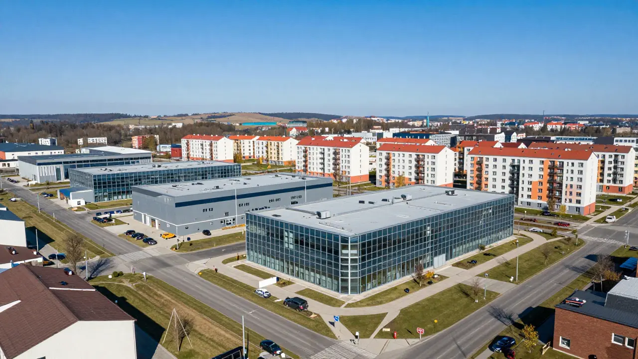 Moderní rezidenční čtvrť v blízkosti průmyslové zóny s novými byty.