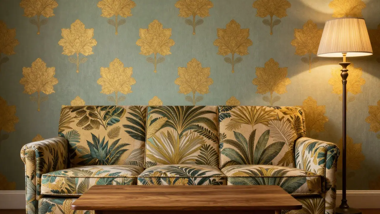 Obývací prostor s retro květinovou tapetou, čalouněnou pohovkou a vlašským stolem.