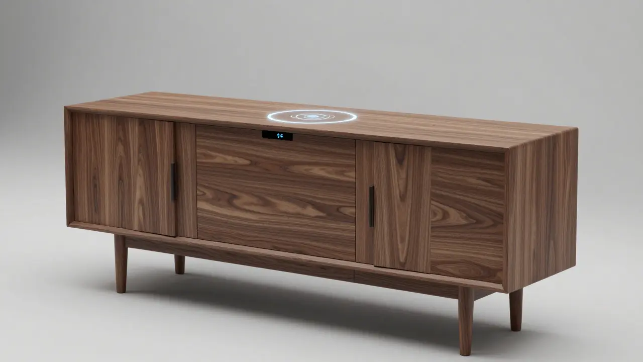 Ořechová retro komoda s integrovaným bezdrátovým nabíjením a moderní technikou.