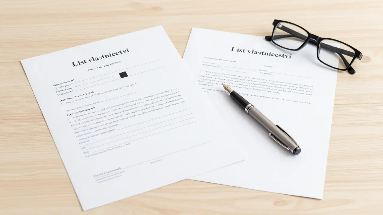 Právní dokumenty a list vlastnictví na stole při přípravě prodeje.