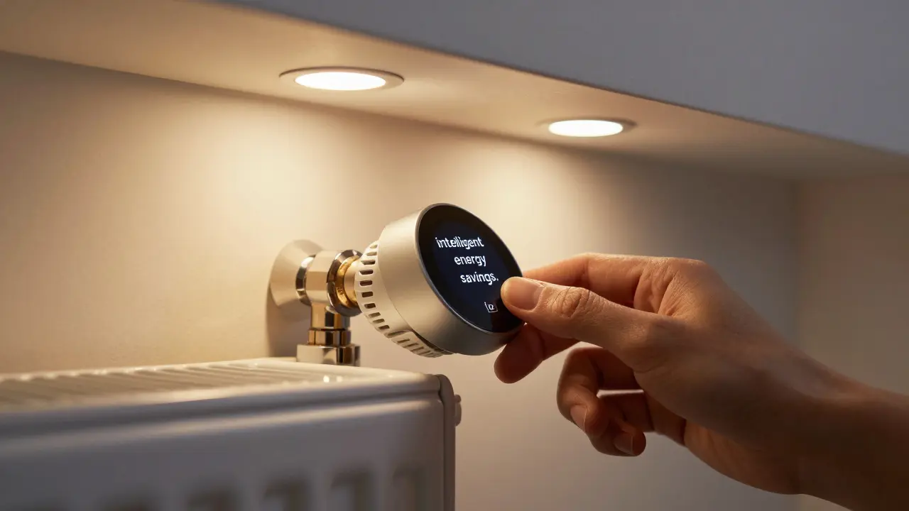 Ruka nastavující inteligentní termostatickou hlavici na radiátoru.