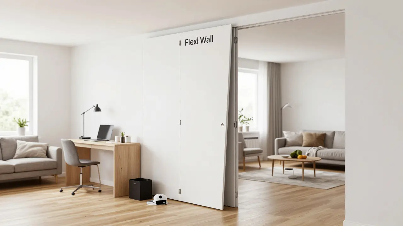 Sklopná stěna typu Flexi Wall v procesu zavírání pro rychlou změnu funkce místnosti.