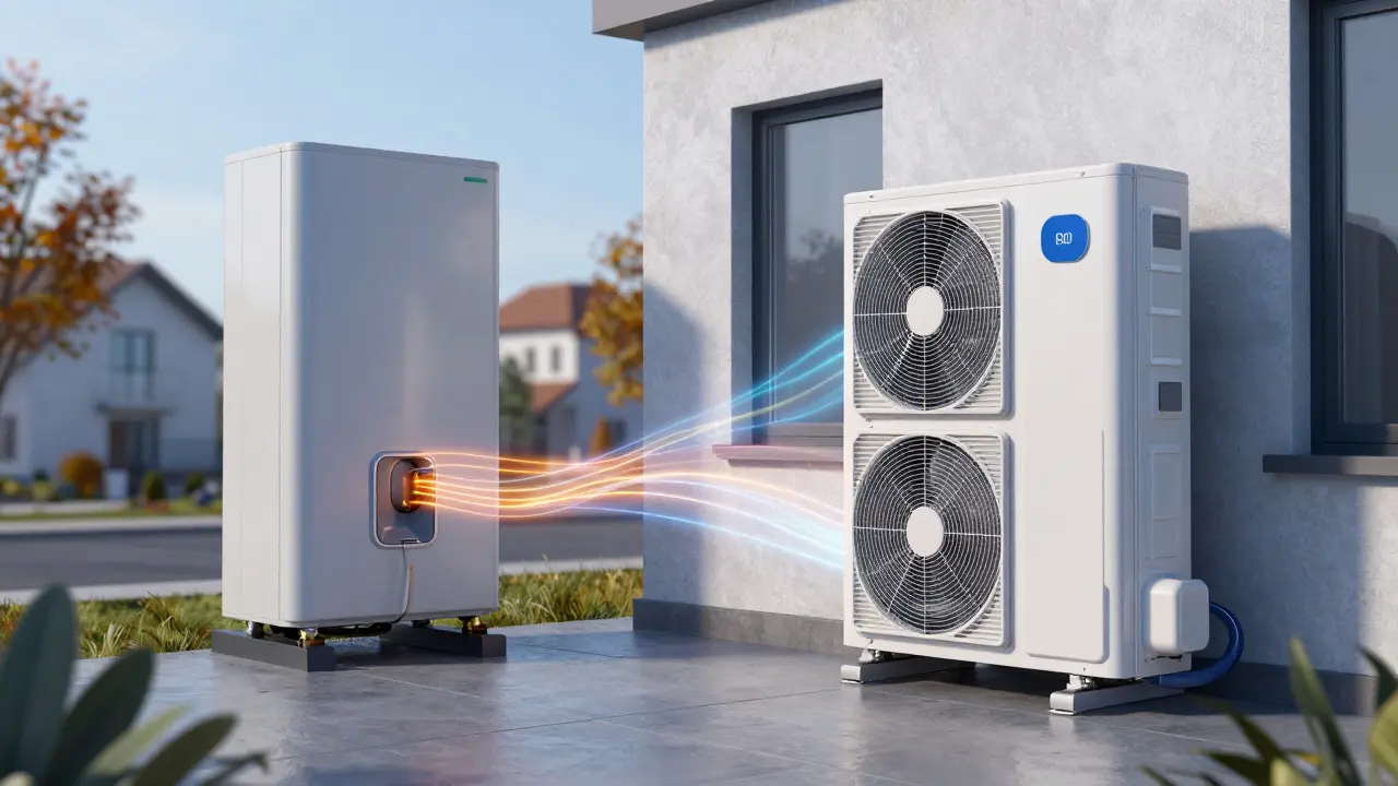 Srovnání starého kotle s moderním tepelným čerpadlem u budovy.