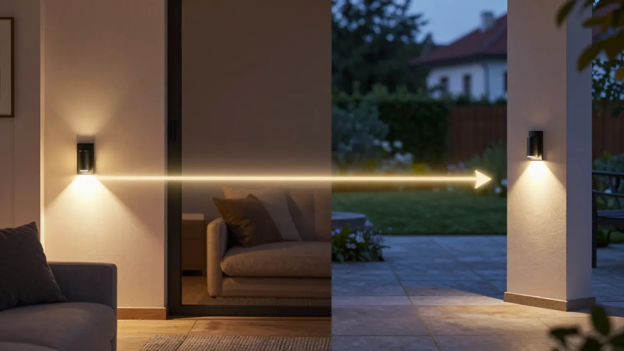 Synchronizované chytré osvětlení interiéru a terasy v jednotném designu.