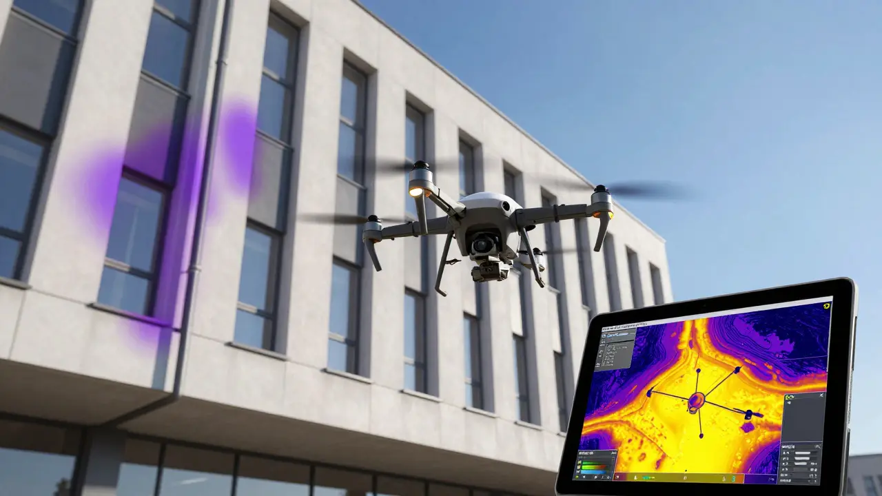 Termovizní dron skenující fasádu budovy za účelem detekce tepelných ztrát.