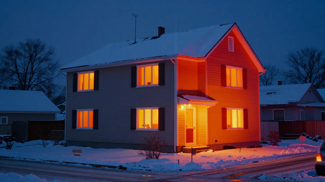 Termovizní pohled na dům v zimě odhalující úniky tepla z oken a střechy.