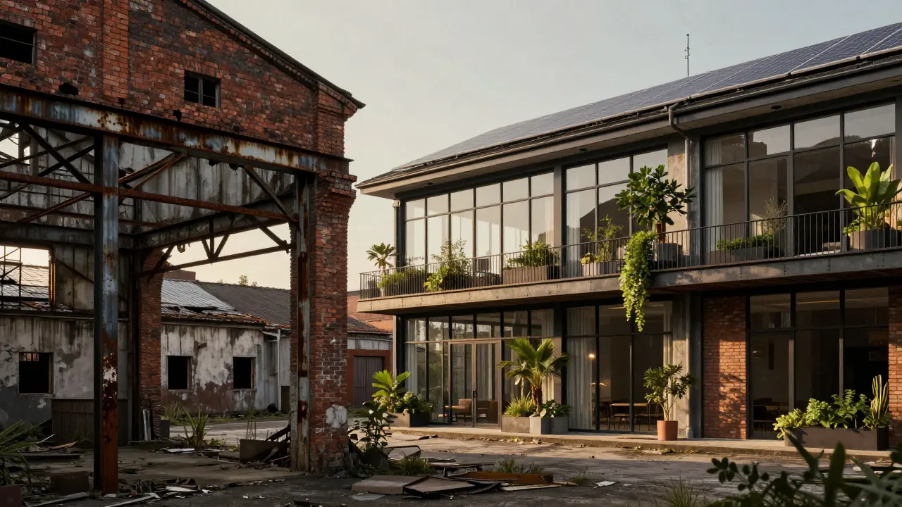 Transformace starého průmyslového brownfieldu na moderní byty s fotovoltaikou.