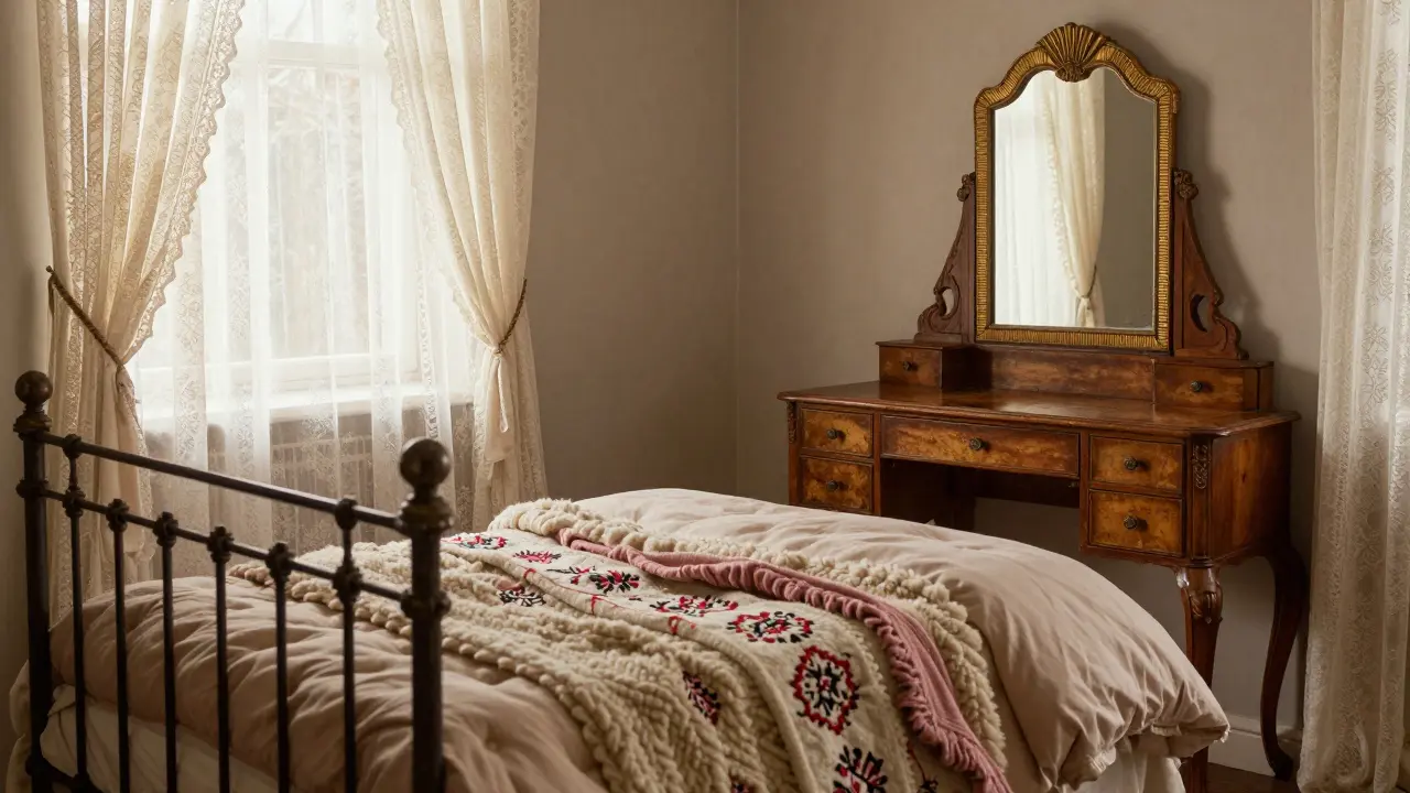 Uklidňující ložnice s kovovou postelí, vlněnými přikrývkami a zrcadlem art deco.