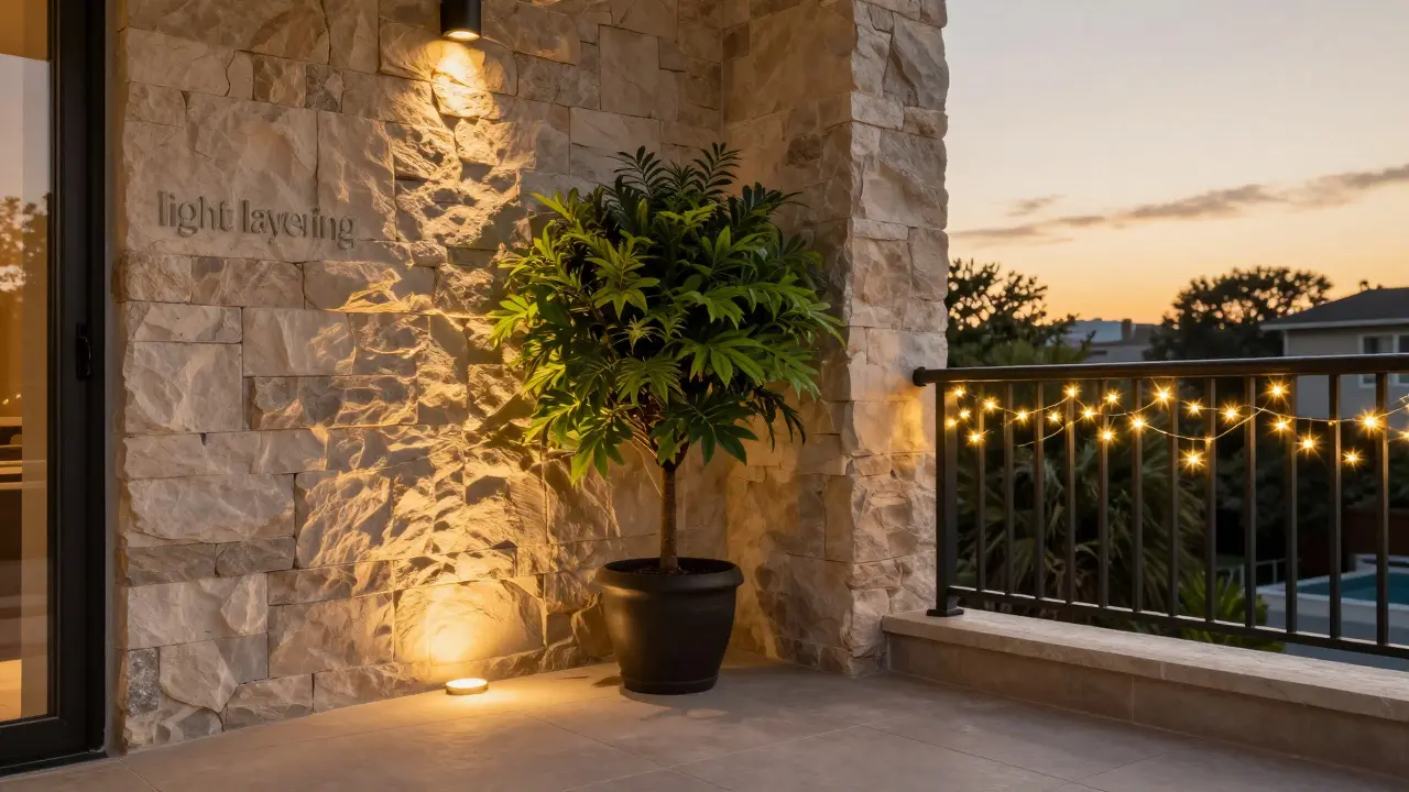 Vrstvené osvětlení terasy s akcenty na rostlinách a dekorativními girlandami.