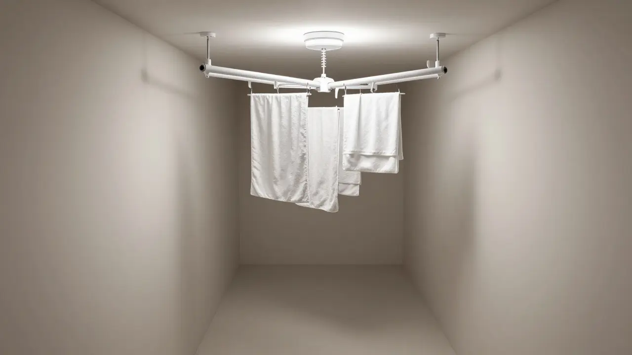 Výsosný sušák zavěšený u stropu v úzké chodbě, který šetří prostor na podlaze.