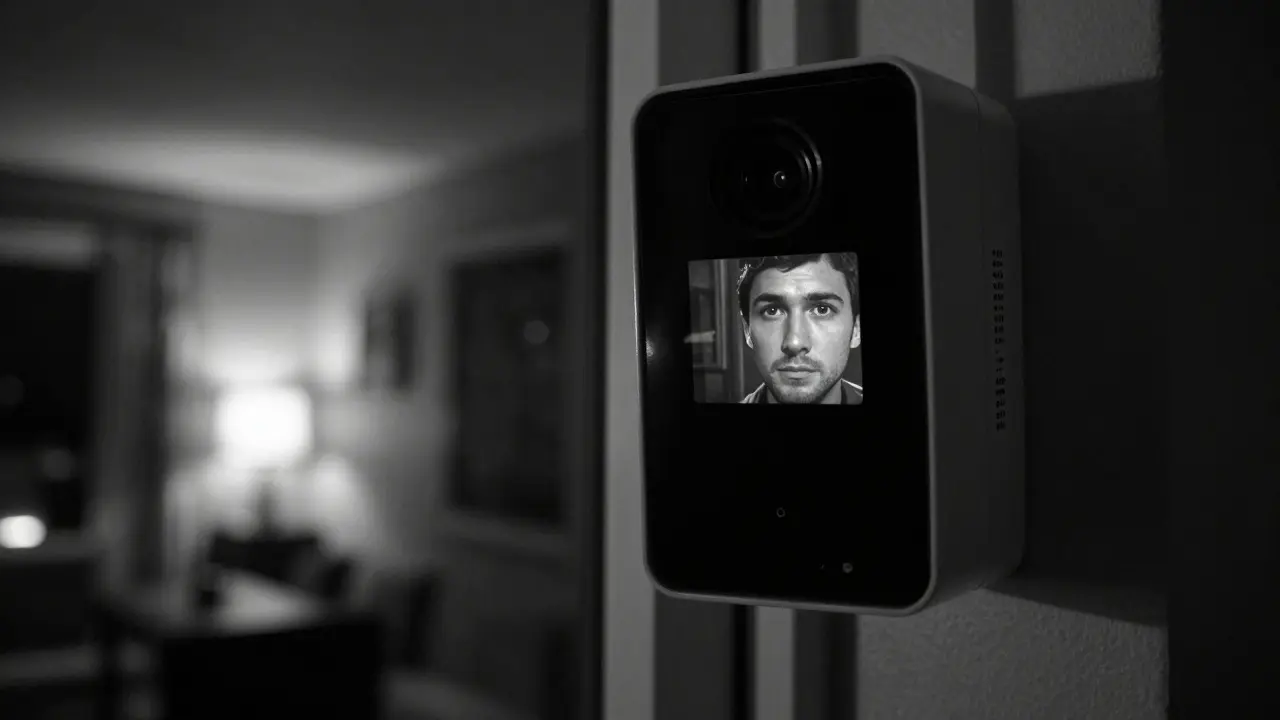 Záběr z nočního vidění chytrého zvonku znázornující návštěvníka ve tmě.
