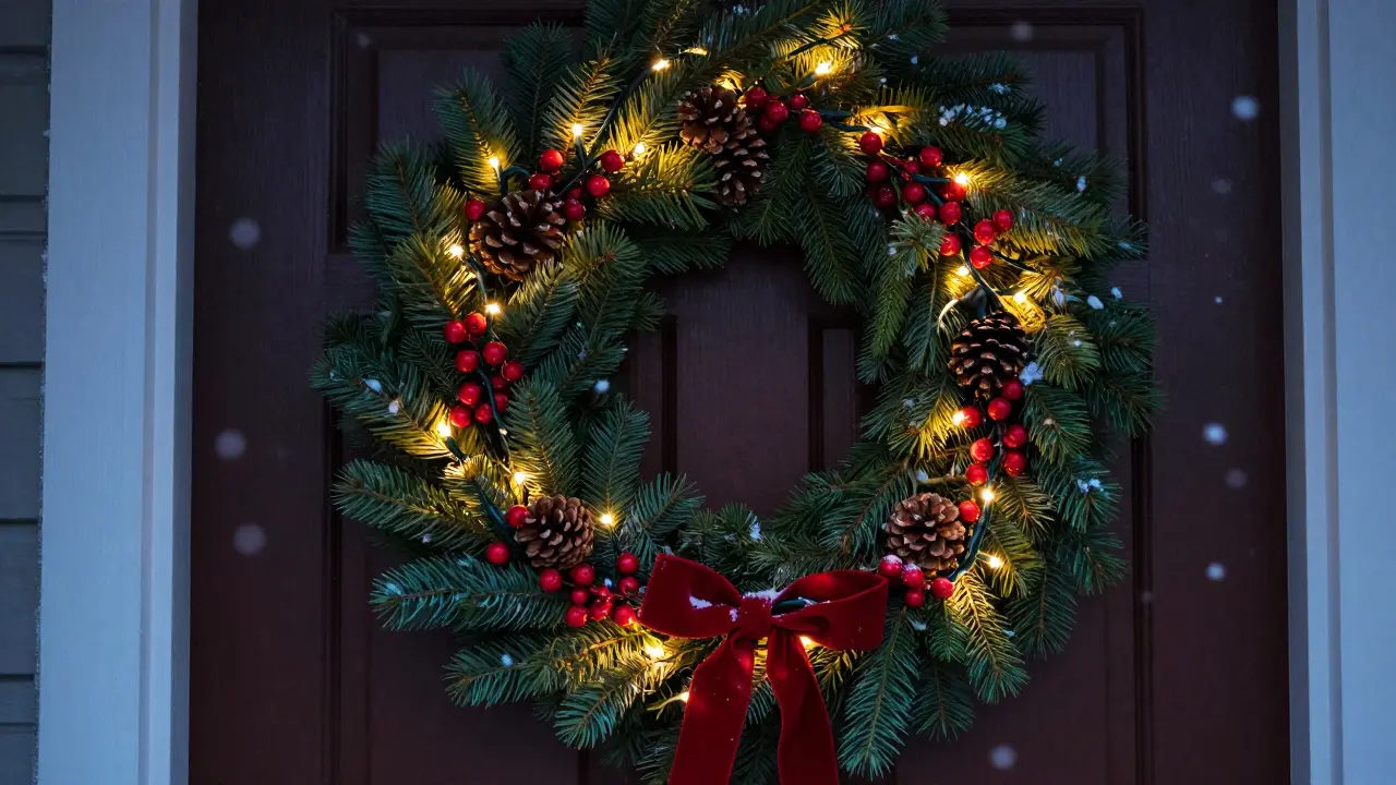 Zimní věnec z jehličí s šiškami, červenými bobulemi a LED osvětlením