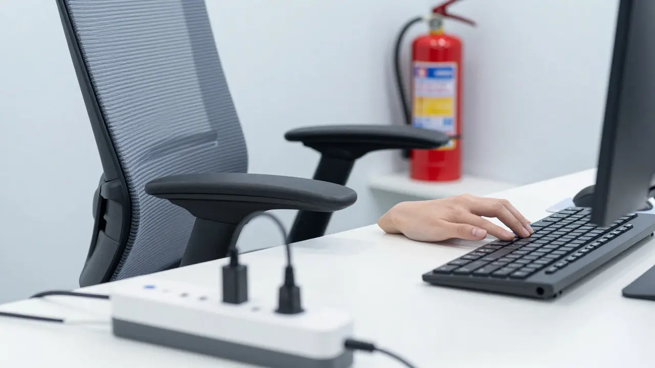Detail ergonomické židle, klávesnice a bezpečnostních prvků jako hasicí přístroj