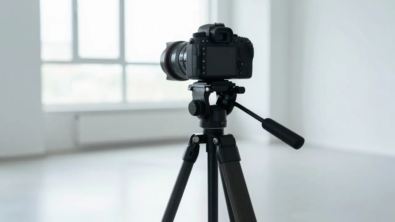 Profesionální fotoaparát na stativu v prázdném bytě připravený k focení