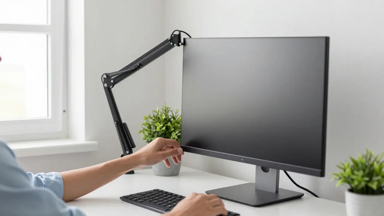 Uspořádaný pracovní stůl s nastaveným monitorem a dobrým osvětlením