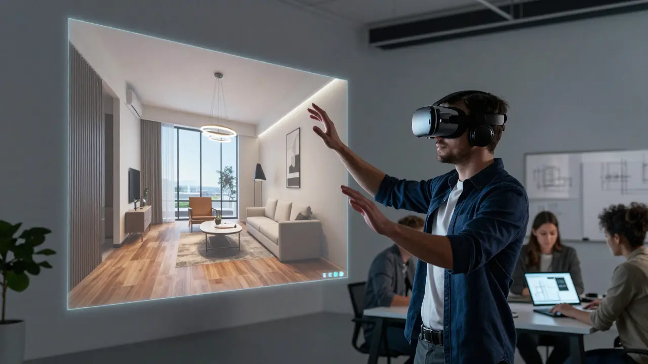 Architekt používá virtuální realitu k prohlídce 3D vizualizace rekonstrukce