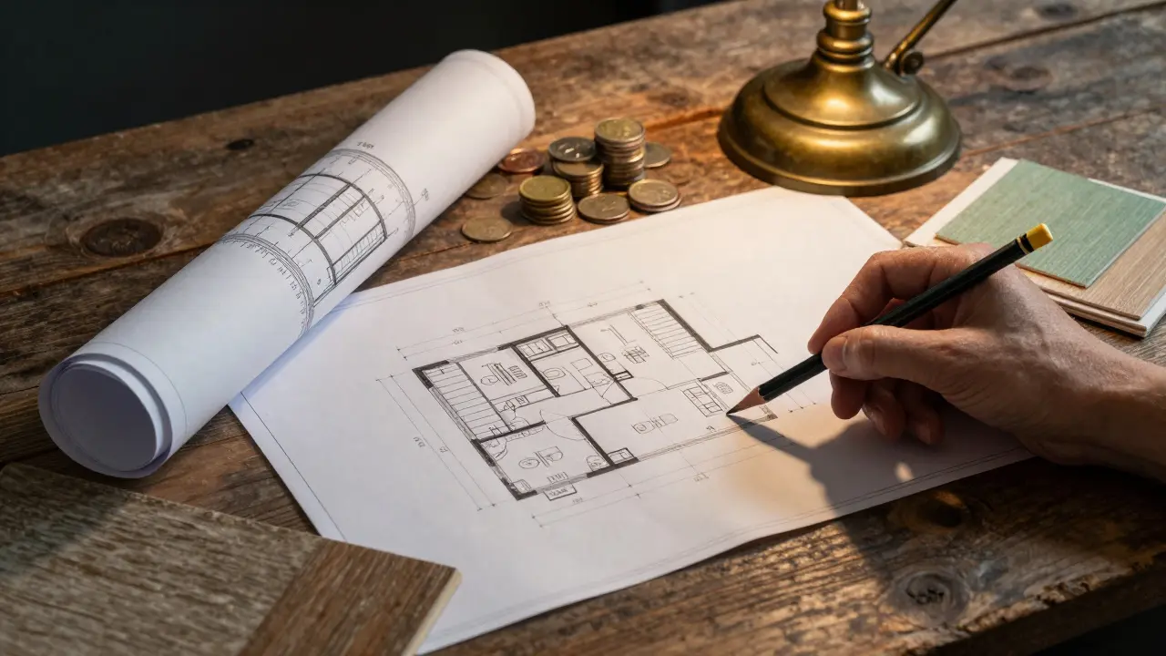 Architektonický plán, vzorky materiálů a mince na dřevěném stole