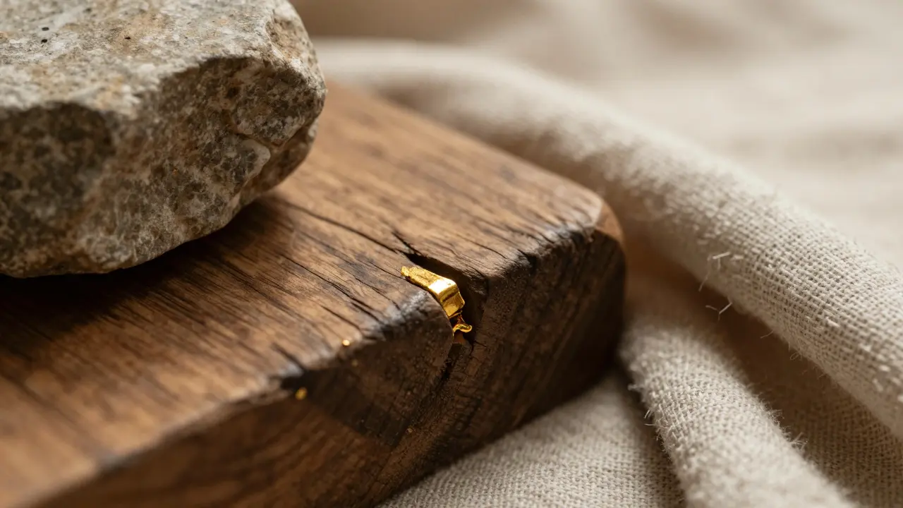 Detail starého dřeva se zlatou opravou kintsugi a hrubým lněným textiliem