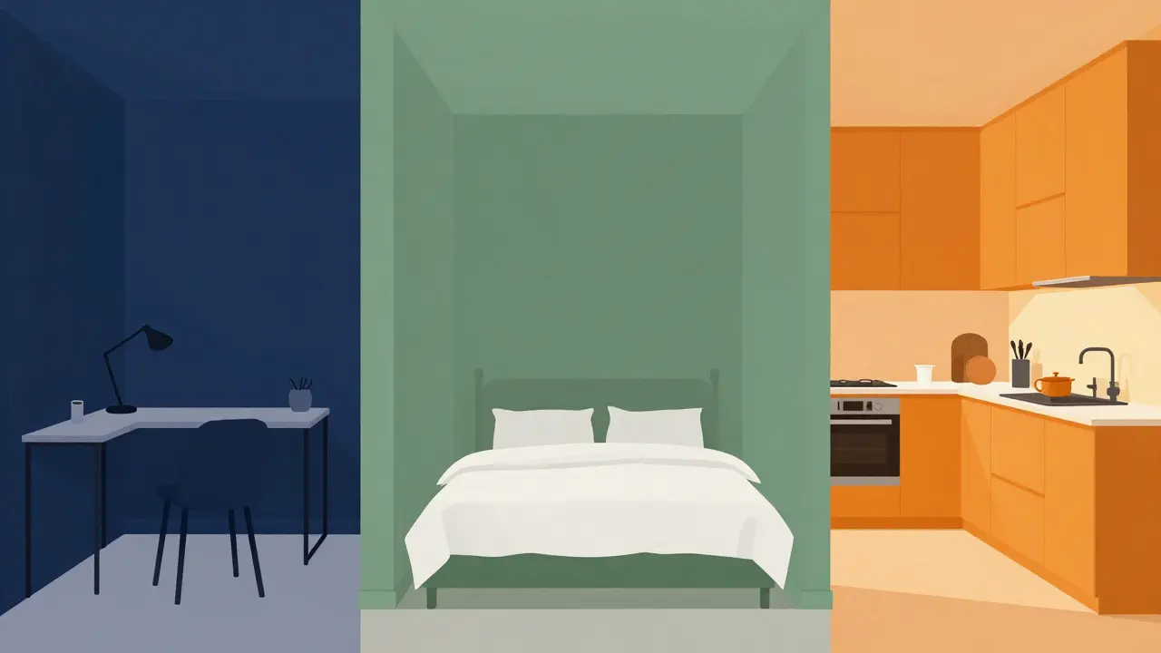 Ilustrace psychologie barev: modrá pro klid, zelená pro relaxaci, oranžová pro energii