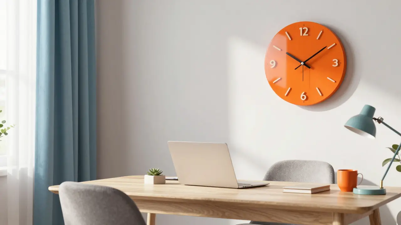 Jasné oranžové designové hodiny rozjasňují barevný interiér