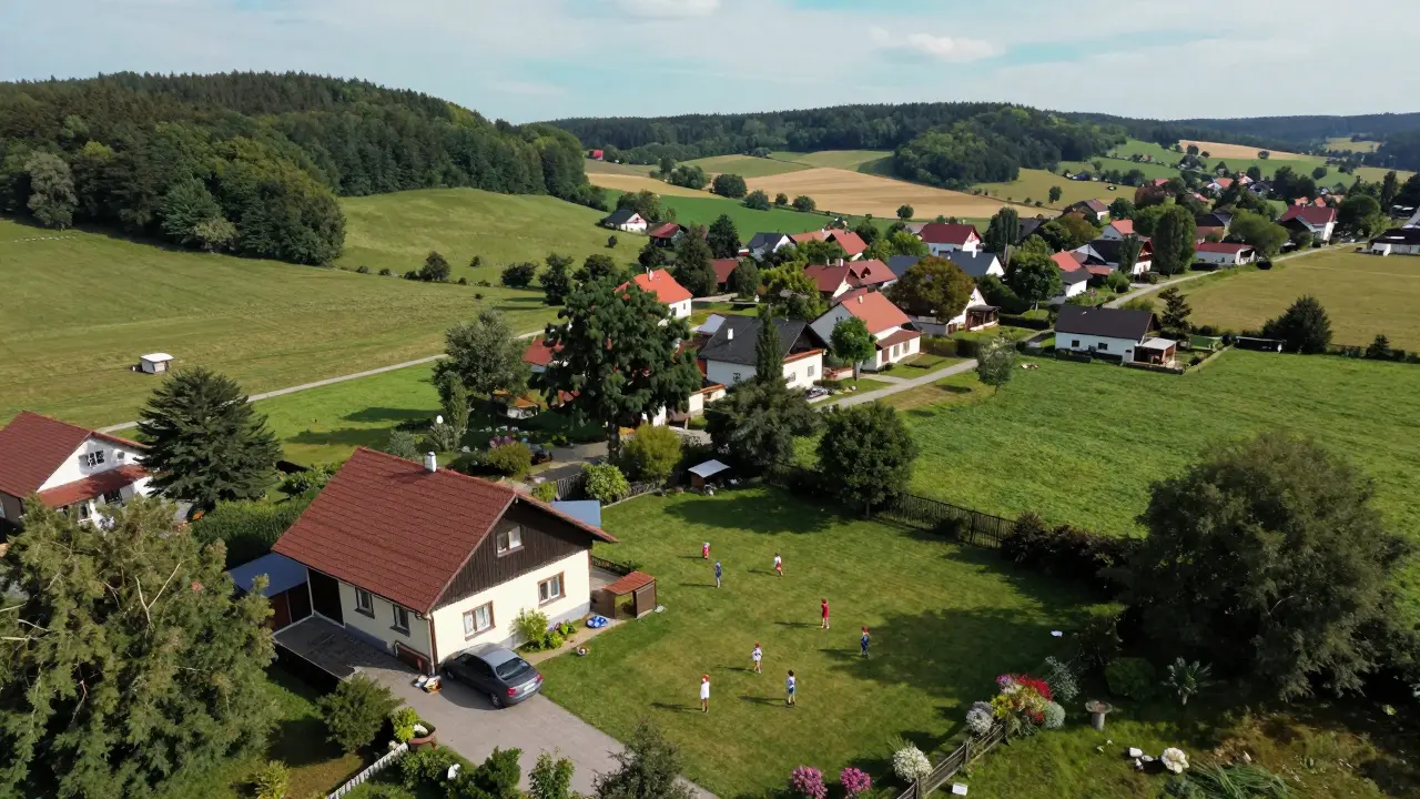 Klidná vesnice s velkou zahradou a dětmi hrajícími si venku