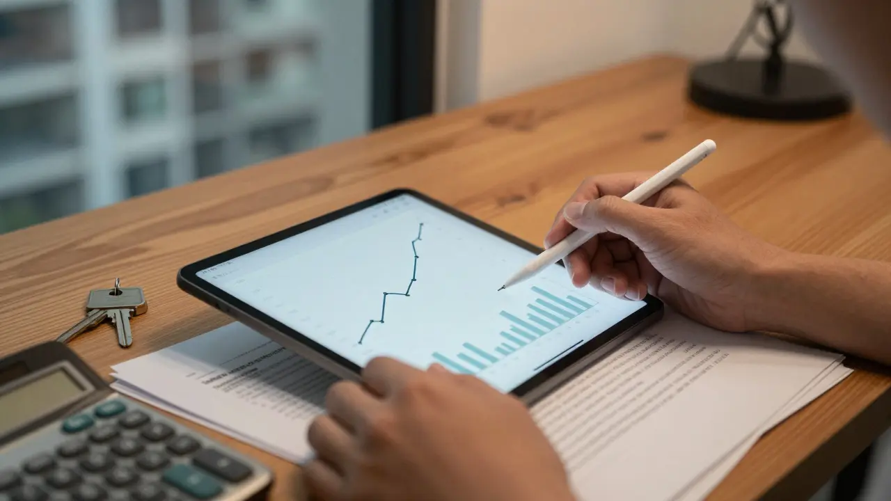 Kupující analyzuje grafy vývoje cen nemovitostí na tabletu při rozhodování