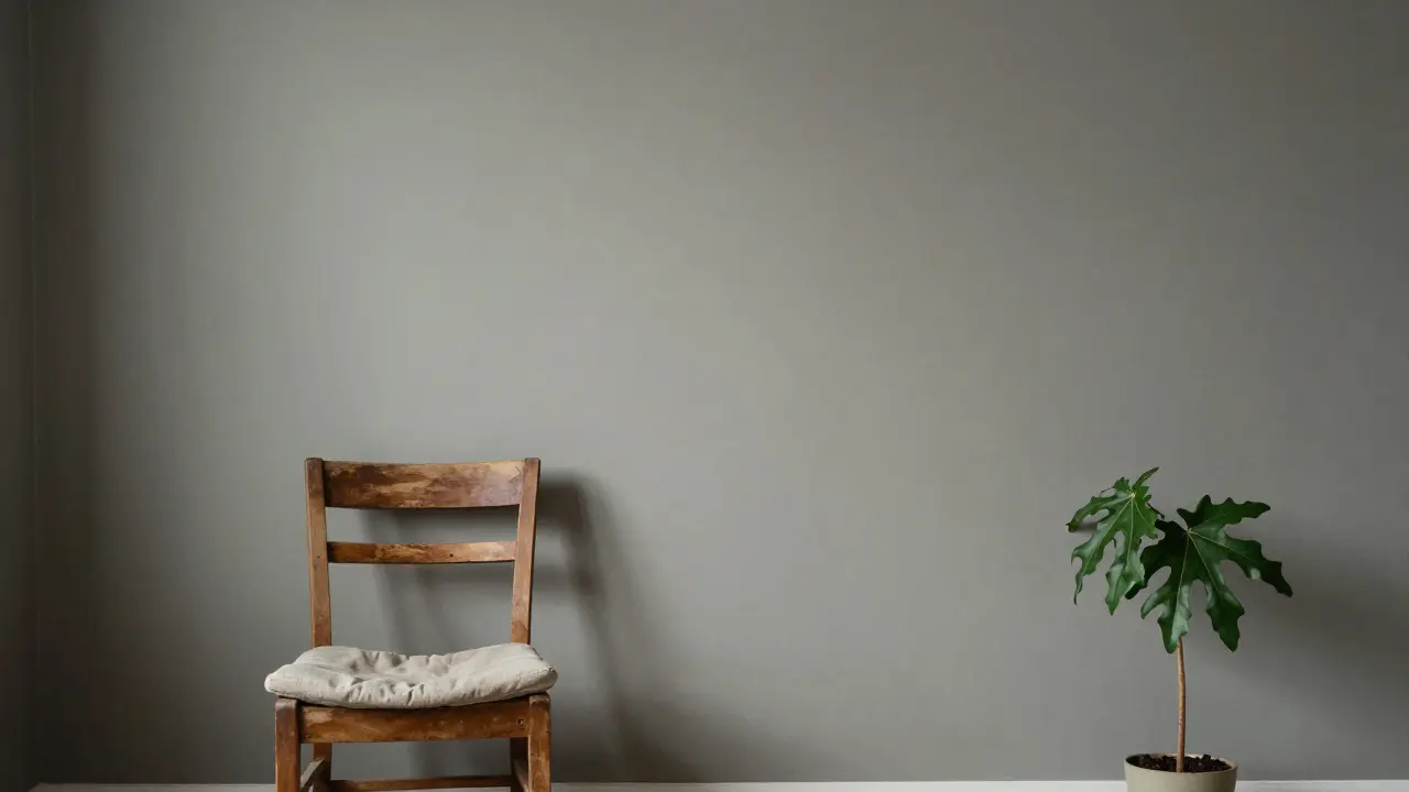 Minimalistický roh místnosti s jednoduchým nábytkem a prázdným prostorem