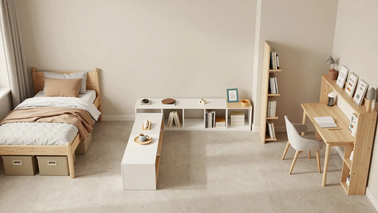 Přehledný dětský pokoj s zónami pro spaní, hraní a učení a úložnými boxy