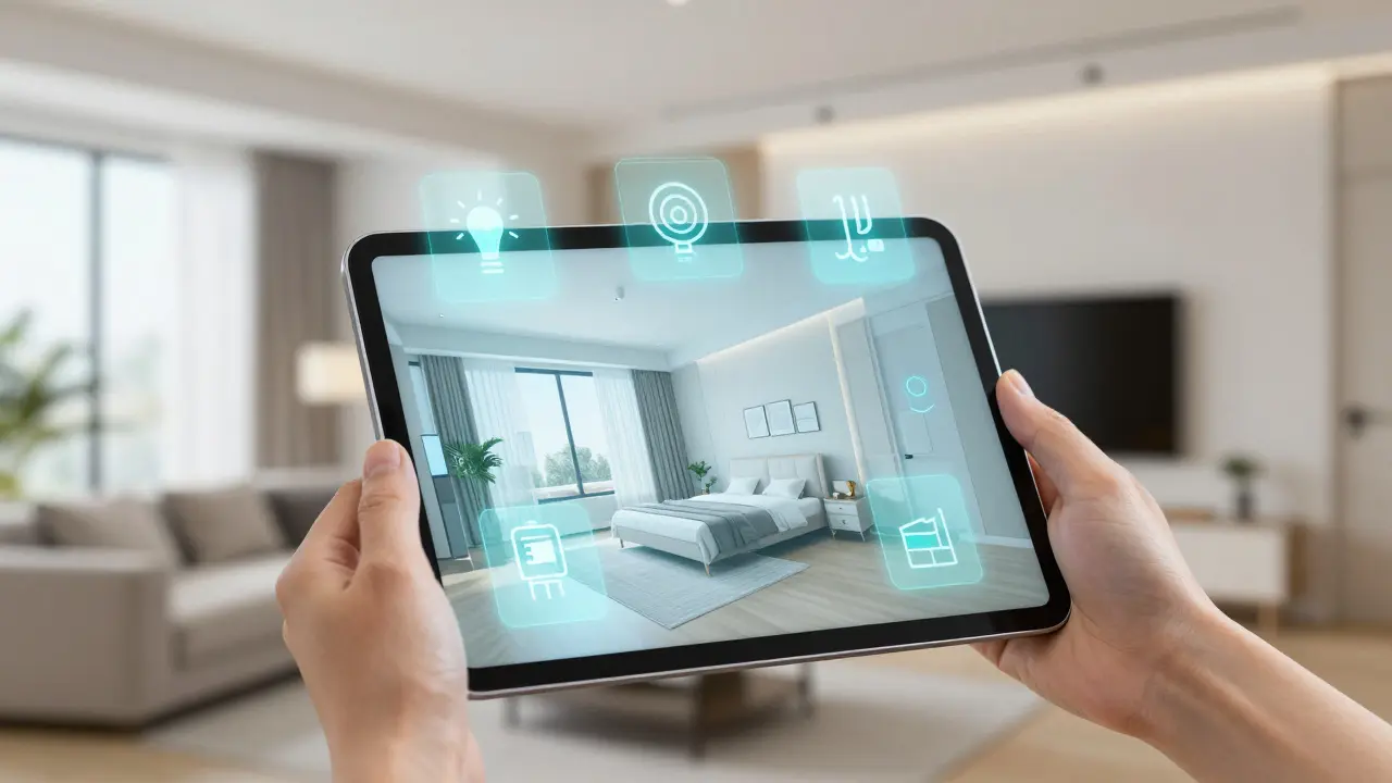 Tablet s holografickým modelem chytrého domu