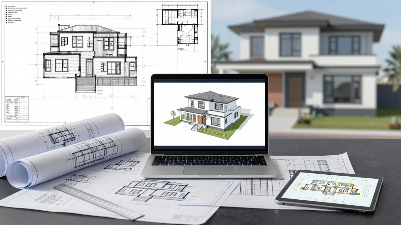 Architektonické plány a 3D modely na stole při plánování rekonstrukce.