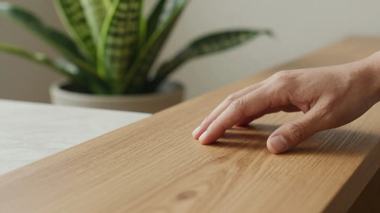 Detail přírodních materiálů: dřevo, kámen a zelená rostlina