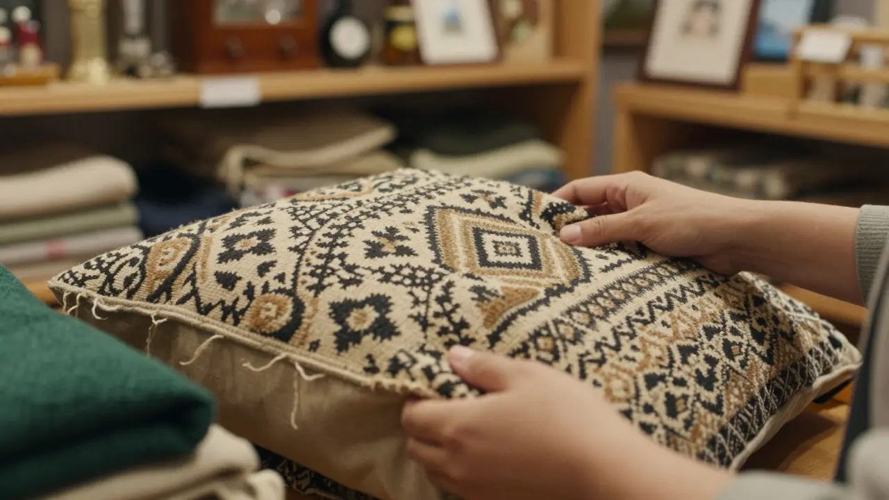 Detailní záběr rukou kontrolujících kvalitu použitých textilií v secondhand obchodě