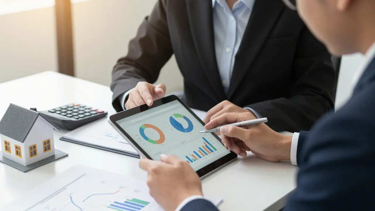 Finanční poradce a klient analyzují data na tabletu v kanceláři