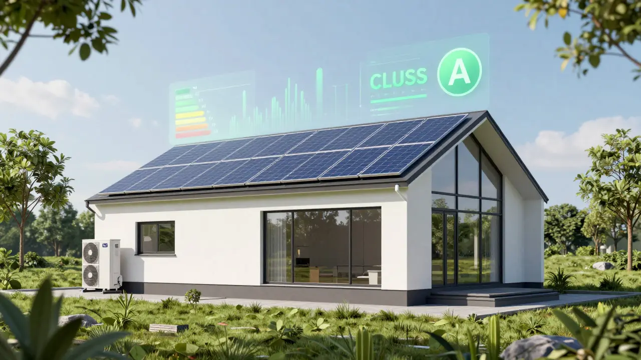 Moderní pasivní dům se solárními panely a vysokou energetickou třídou