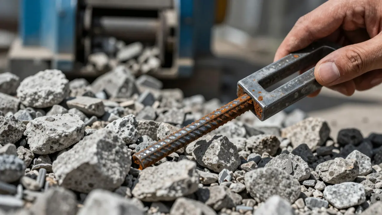 Ruční oddělování kovů z drtě betonu pomocí magnetu