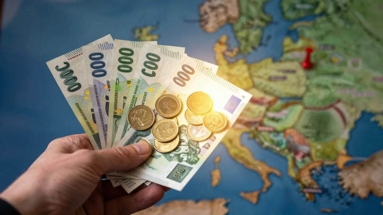 Ruka drží koruny přeměňující se na eura s mapou Evropy