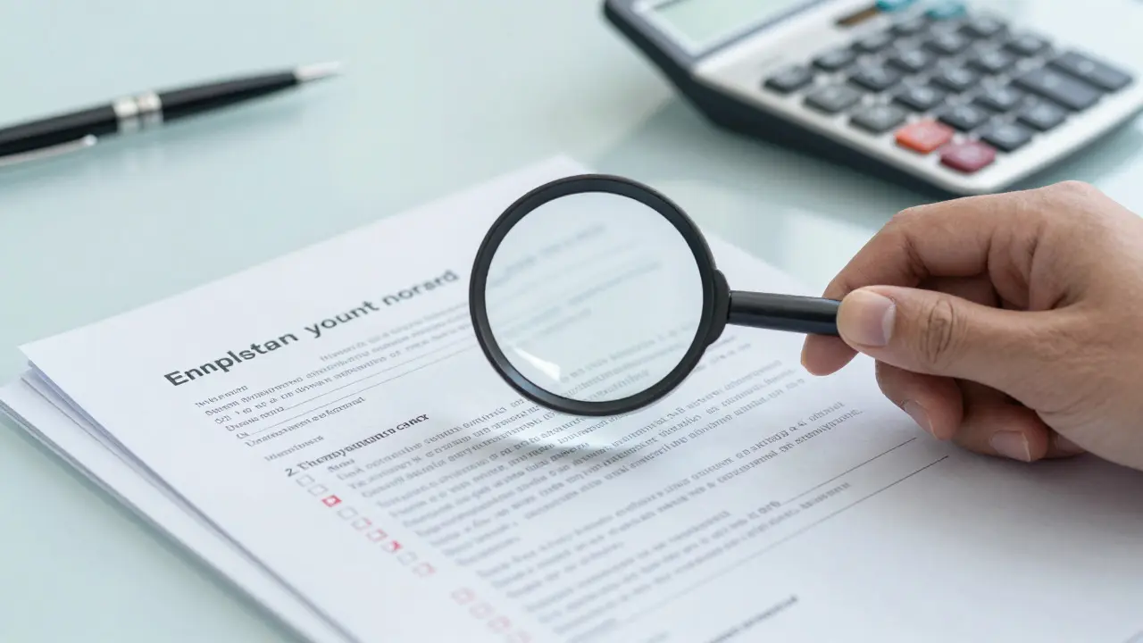 Ruka s lupou kontrolující finanční dokumenty nájemníka