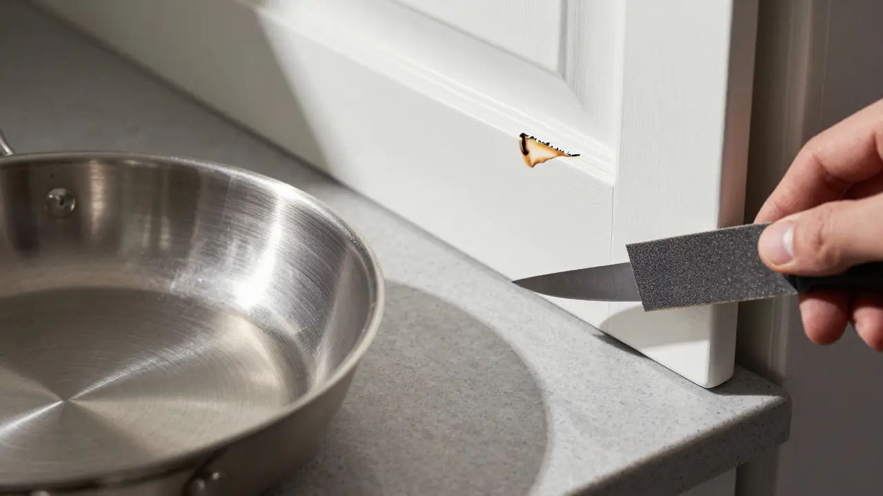 Test odolnosti materiálů: horký hrnec na HPL a oprava laku pískováním