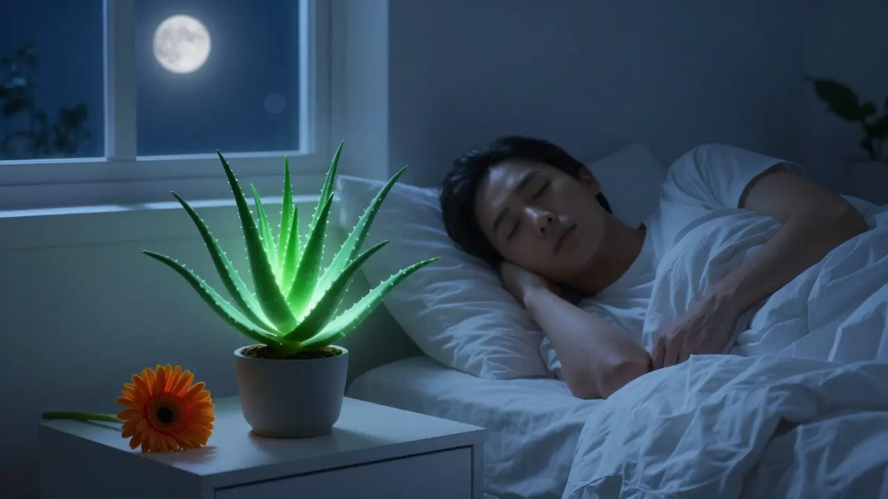 Aloe vera na nočním stolek symbolizující čistotu vzduchu ve spánku
