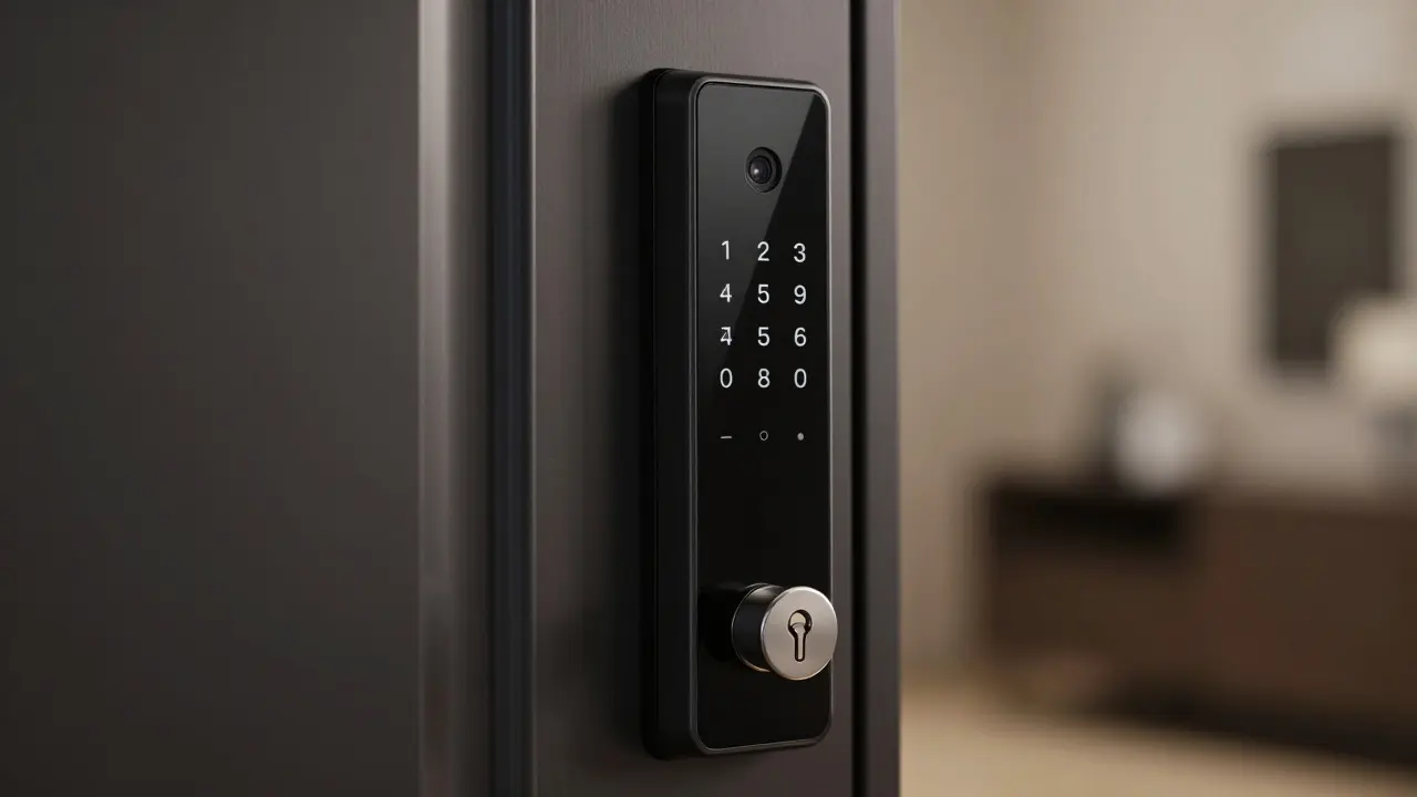 Detail chytrého elektronického zámku a klávesnice na vstupních dveřích