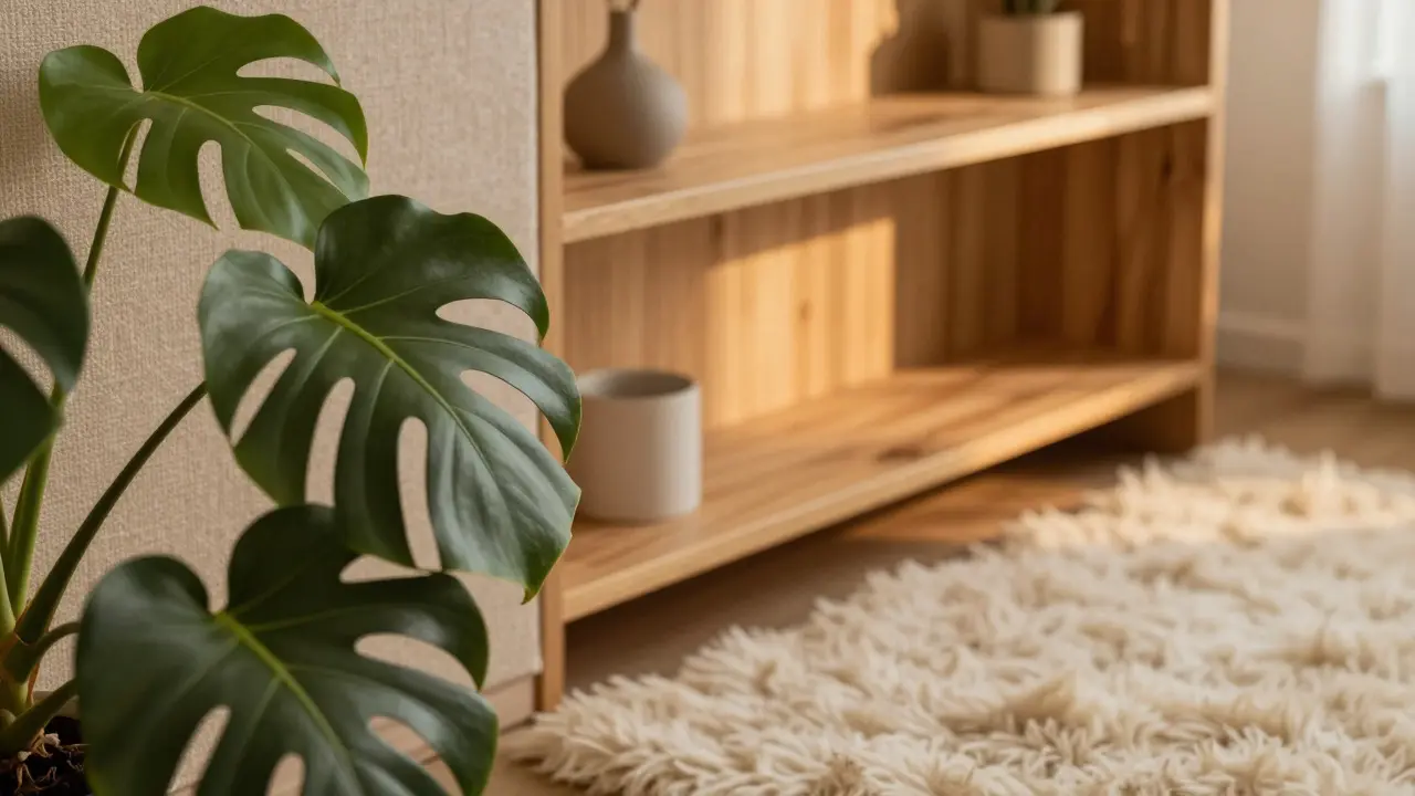 Detail interiéru s rostlinou monstera, dřevěnými prvky a teplým večerním osvětlením.