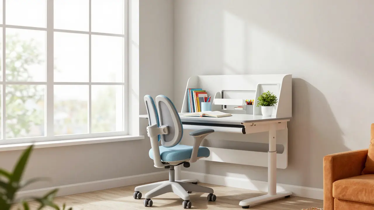 Ergonomický psací stůl u okna s učebnicemi a psacím potřebovými předměty